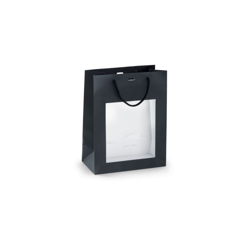 Sac vitrine pelliculé mat noir à poignées cordelières 22 x 28 x 11 cm - Paquet de 10