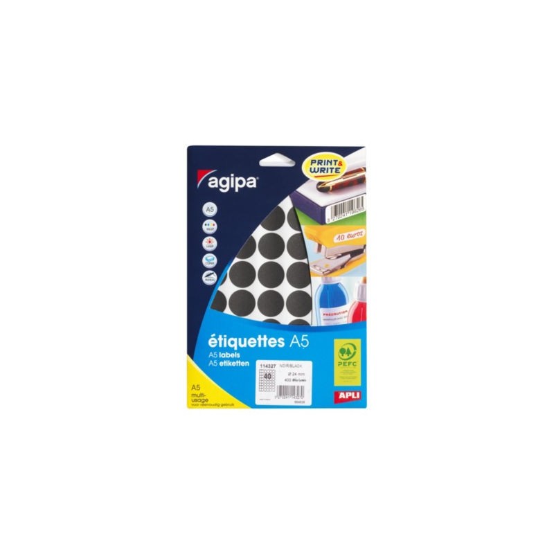 Pastille adhésive permanente noire 24 mm - Paquet de 400 x 5