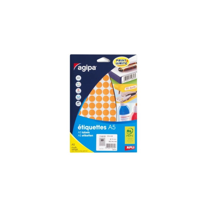 Pastille adhésive permanente orange 8 mm - Paquet de 2940 x 5