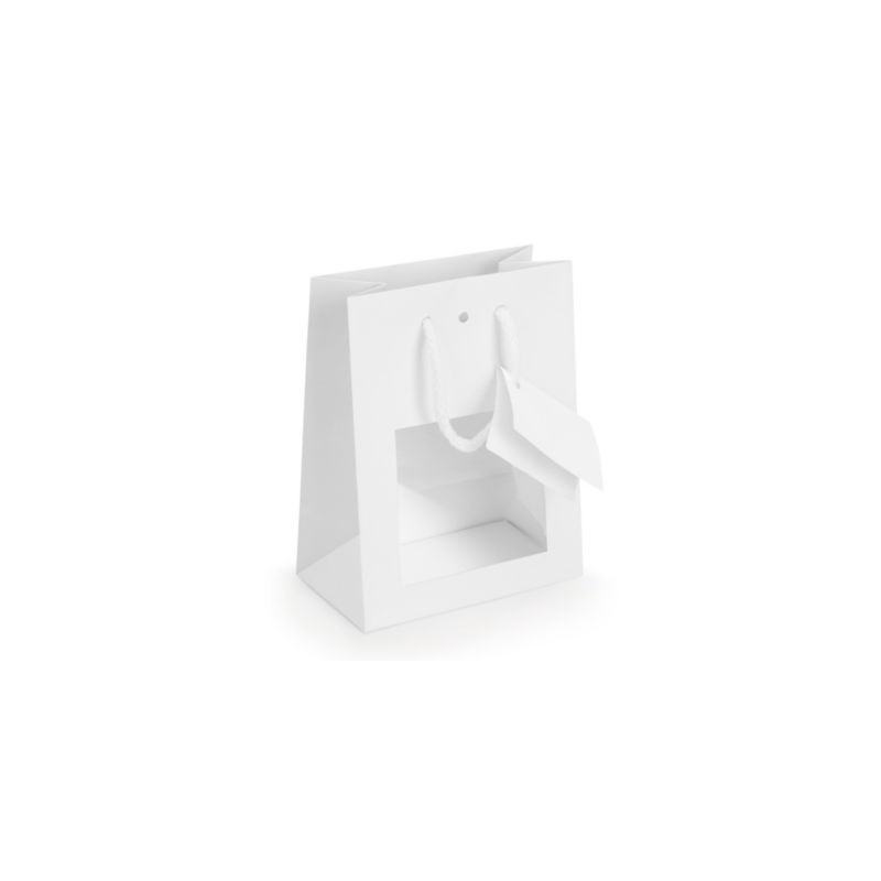 Sac vitrine pelliculé mat blanc à poignées cordelières 11,4 x 14,6 x 6,4 cm - Paquet de 25