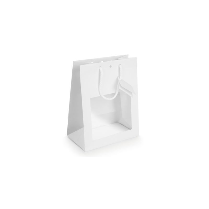 Sac vitrine pelliculé mat blanc à poignées cordelières 18 x 22,7 x 10 cm - Paquet de 10