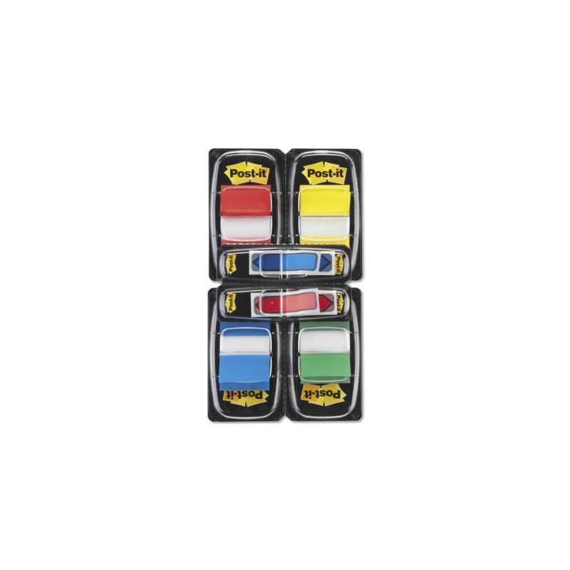 Marque-pages rigides Post-it®pack rouge / jaune / bleu / vert + 2 flèches - Lot de 12