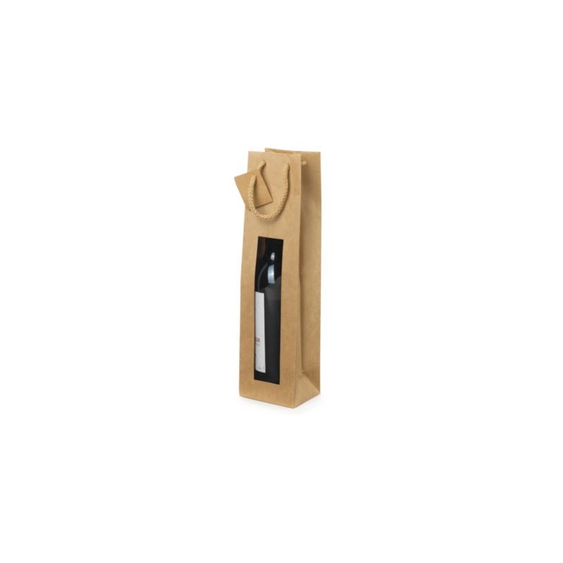 Sac kraft brun à fenêtre et poignées cordelières pour 1 bouteille 9,8 x 38 x 8,8 cm - Paquet de 20