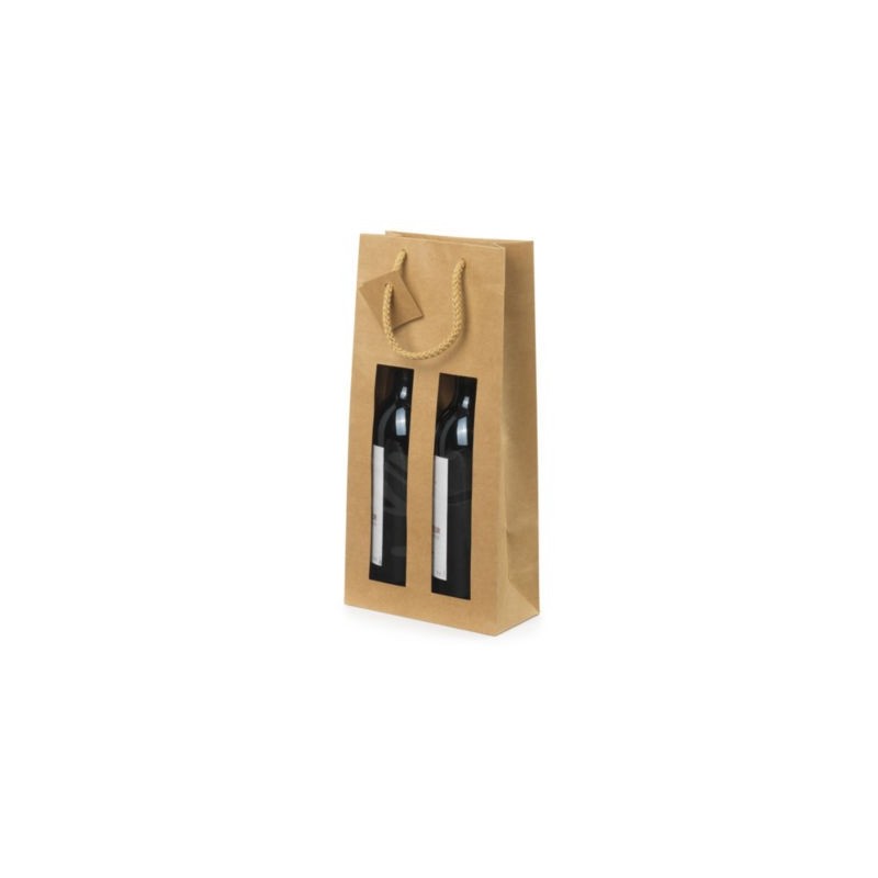 Sac kraft brun à fenêtre et poignées cordelières pour 2 bouteilles 18 x 38 x 8,8 cm - Paquet de 10