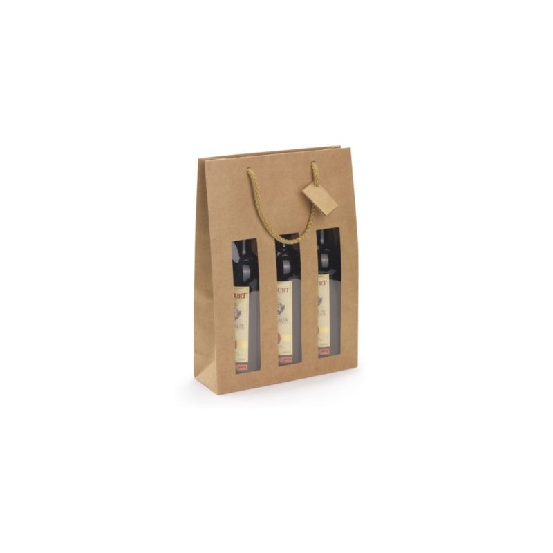Sac kraft brun à fenêtre et poignées cordelières pour 3 bouteilles 27 x 38 x 9 cm - Paquet de 10