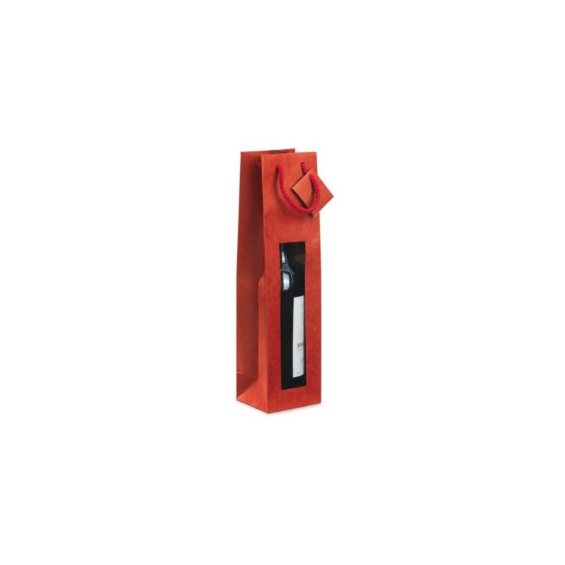 Sac kraft rouge à fenêtre et poignées cordelières pour 1 bouteille 9,8 x 38 x 8,8 cm - Paquet de 20