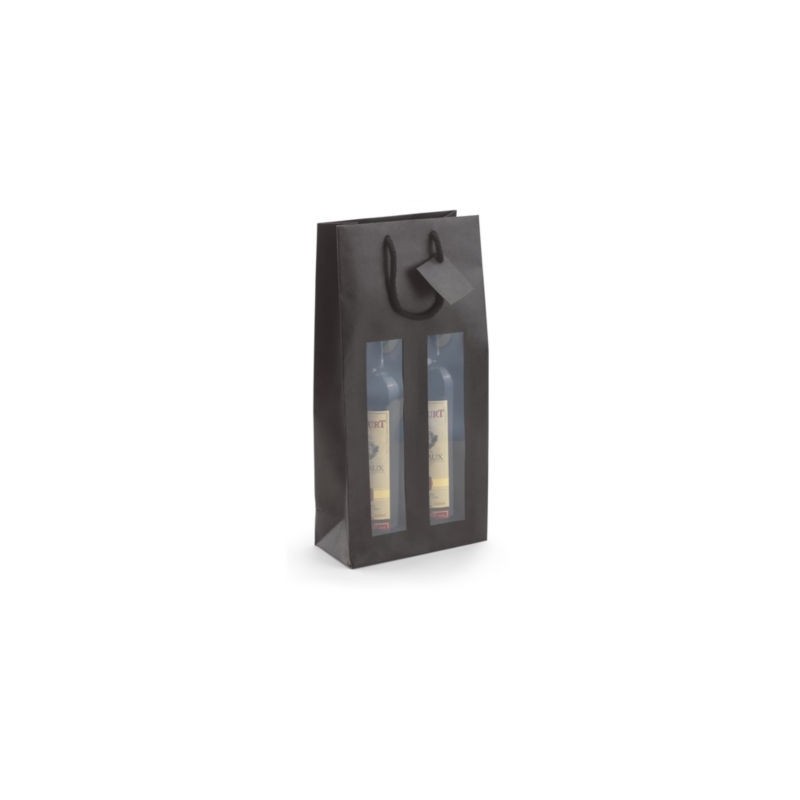 Sac kraft noir à fenêtre et poignées cordelières pour 2 bouteilles 18 x 38 x 9 cm - Paquet de 10