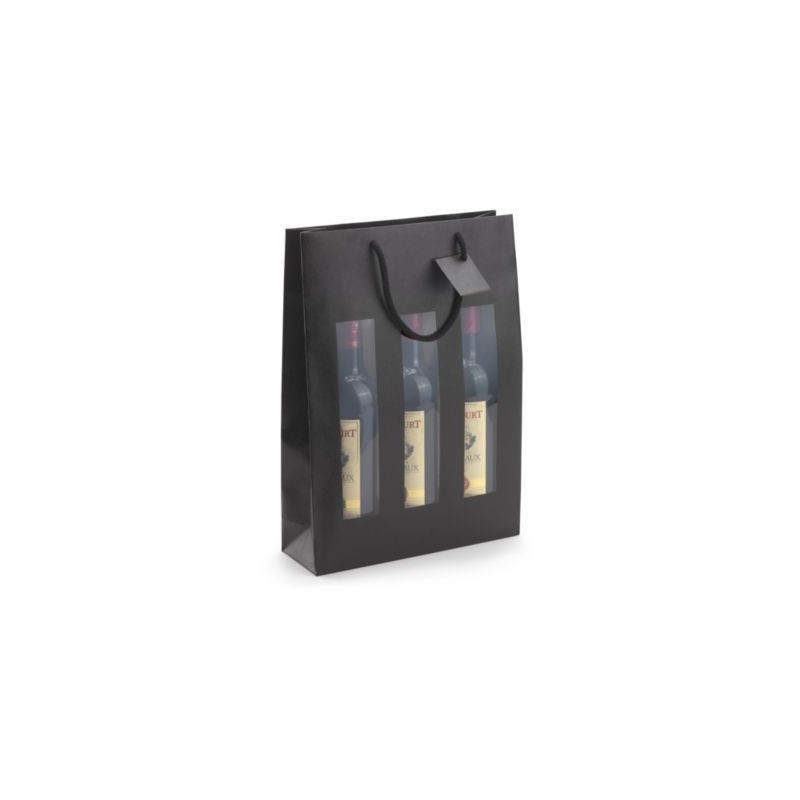 Sac kraft noir à fenêtre et poignées cordelières pour 3 bouteilles 27 x 38 x 9 cm - Paquet de 10