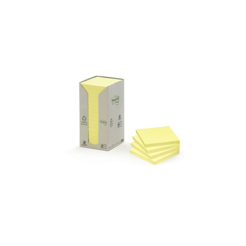 Notes recyclées Post-it® 76 x 76 mm jaune - Paquet de 16