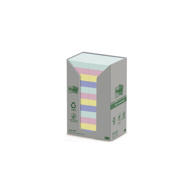 Notes recyclées Post-it® 48 x 48 mm assorties - Paquet de 24
