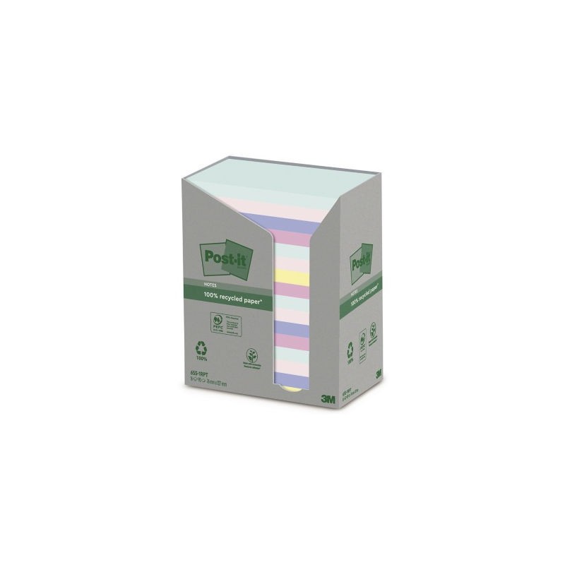 Notes recyclées Post-it® 76 x 127 mm assorties  - Paquet de 16