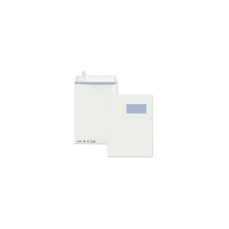 Pochette blanche recyclée à fermeture adhésive RAJA avec fenêtre C4 - 229 x 324 mm - Paquet de 250
