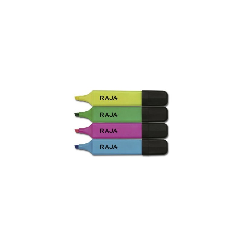 Pochette surligneurs RAJA 4 surligneurs jaune, vert, rose, bleu - Paquet de 4
