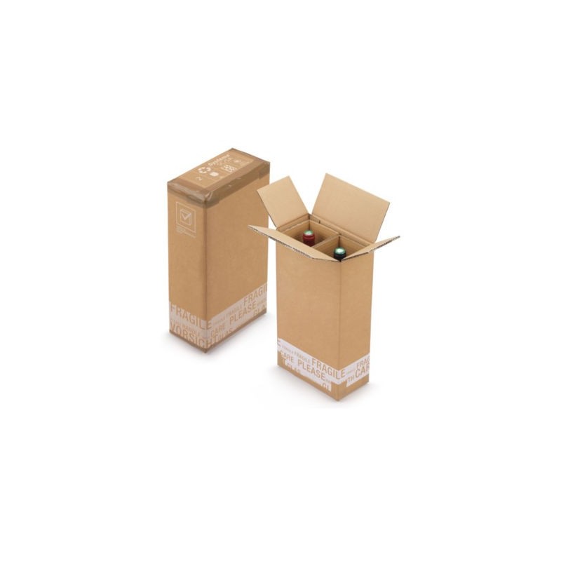 Caisse carton d'expédition pour bouteilles avec croisillons renforcés à montage manuel 2 bouteilles - Lot de 20