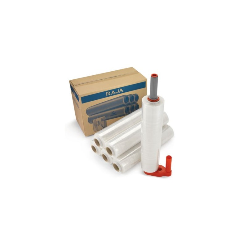 Pack film étirable manuel cast transparent RAJA 20 microns 500 mm + dérouleur plastique