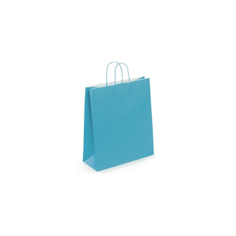 Sac kraft intérieur blanc lisse turquoise à poignées torsadées RAJA 35 x 40 x 14 cm - Paquet de 50