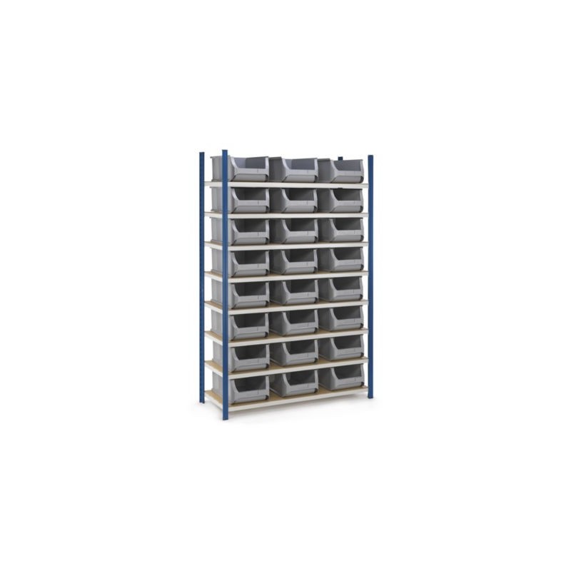 Pack rayonnage en acier époxy + 24 bacs à bec plastique 23 l bleu
