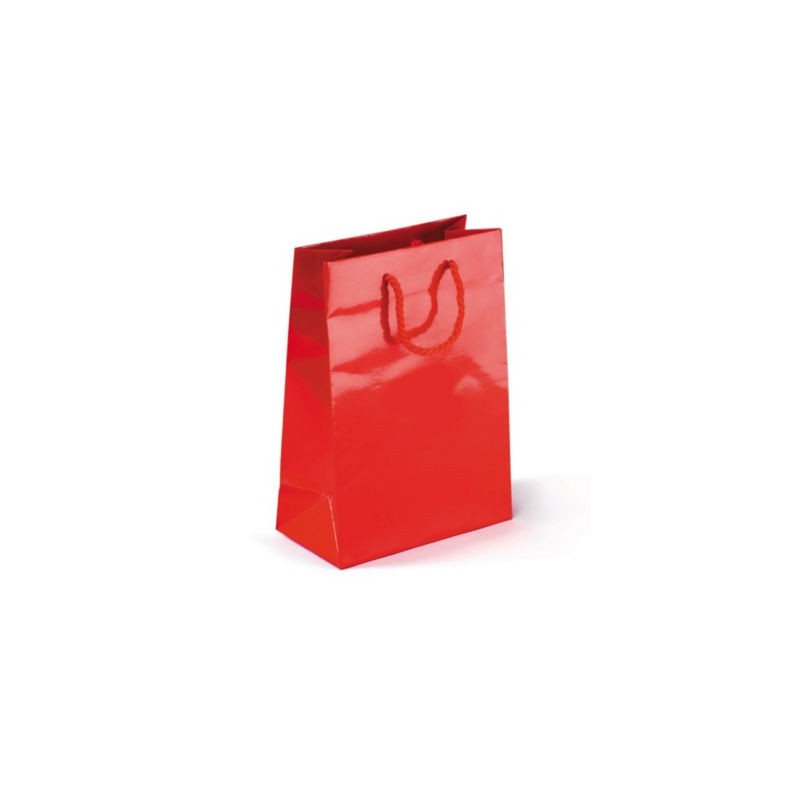 Sac pelliculé brillant rouge à poignées cordelières 12 x 16 x 7 cm - Paquet de 25