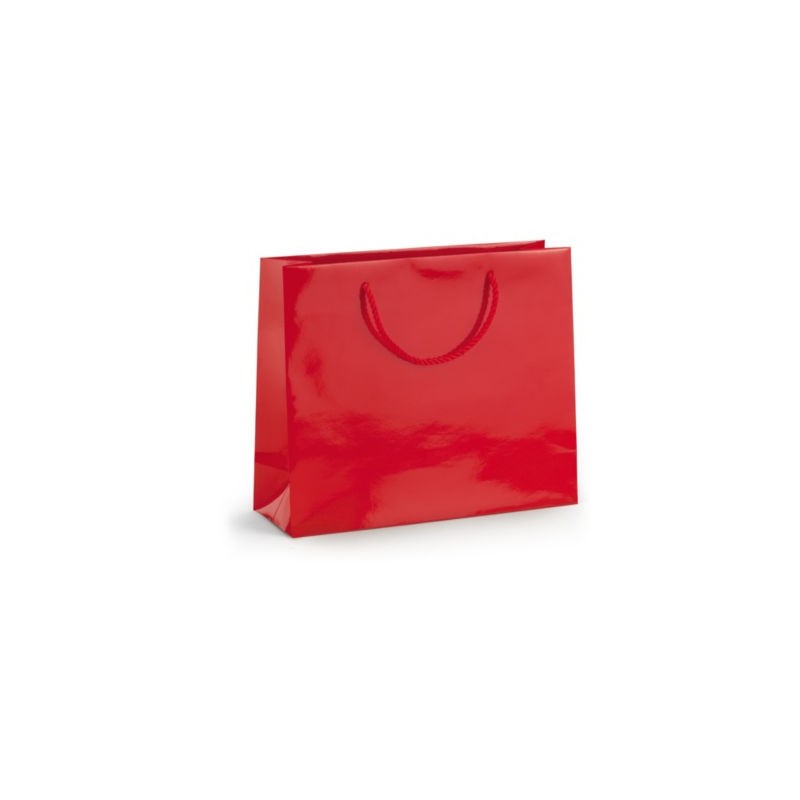 Sac pelliculé brillant rouge à poignées cordelières 30 x 25 x 10 cm - Paquet de 25