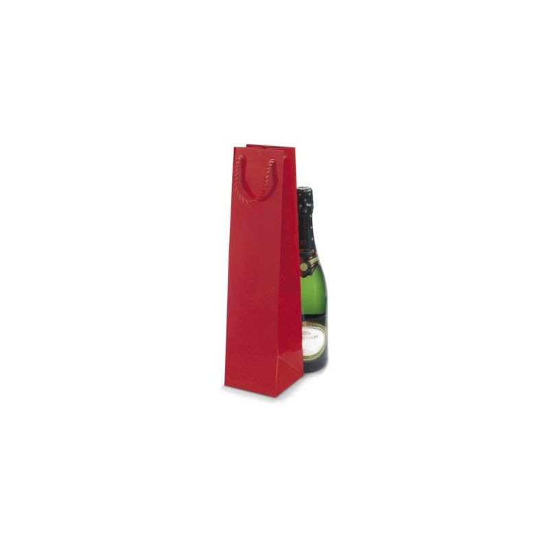 Sac pelliculé brillant rouge à poignées cordelières pour 1 bouteille 10 x 40 x 10 cm - Paquet de 25