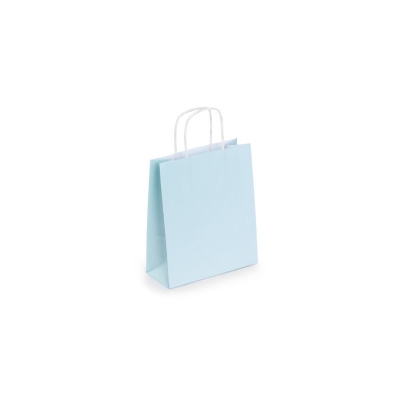 Mini sac kraft bleu ciel à poignées torsadées 18 x 22 x 8 cm - Paquet de 50