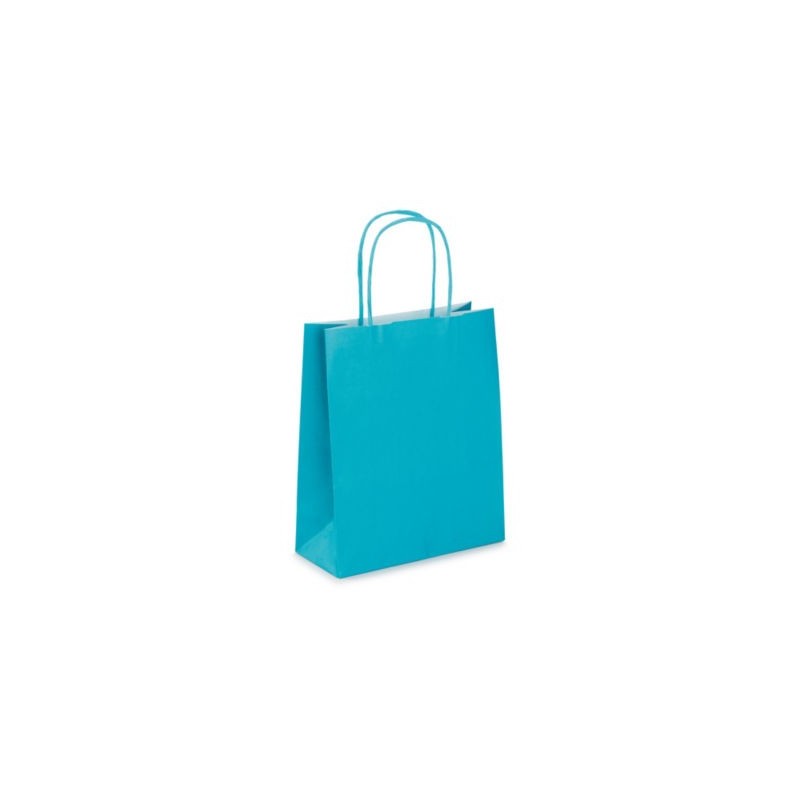 Mini sac kraft turquoise à poignées torsadées 18 x 22 x 8 cm - Paquet de 50