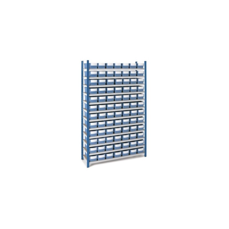 Pack Rayonnage + 84 bacs plastique tiroirs à compartiments 3,8 l + 12 tablettes