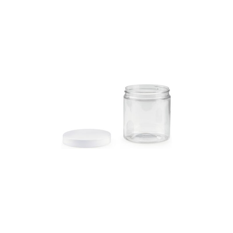 Bocal plastique 50% recyclé 250 ml à couvercle blanc vissant - Paquet de 100