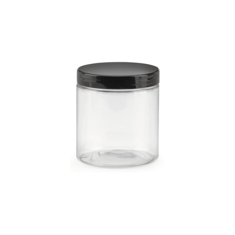 Bocal plastique 50% recyclé 250 ml à couvercle noir vissant - Paquet de 100