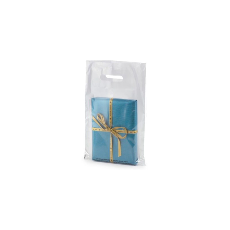 Sac plastique recyclé transparent avec soufflet à poignées découpées RAJA 45 x 50 x 8 cm - Paquet de 200