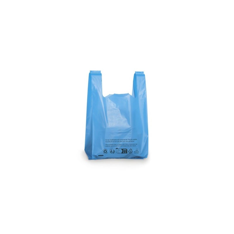 Sac plastique bleu 70% recyclé à bretelles 26 x 45 x 12 cm - Paquet de 500