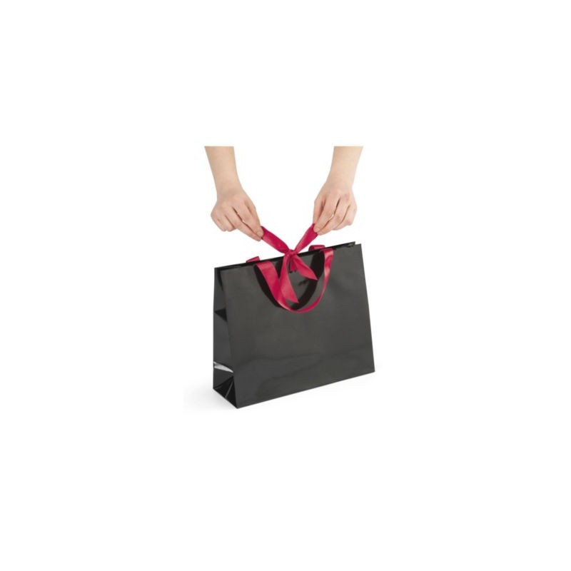 Sac pelliculé brillant noir à poignées satin 30 x 25 x 10 cm - Paquet de 25
