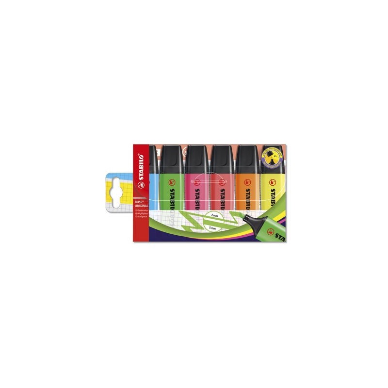 Pochette de 6 surligneurs STABILO BOSS couleurs assorties - Paquet de 6 x 2
