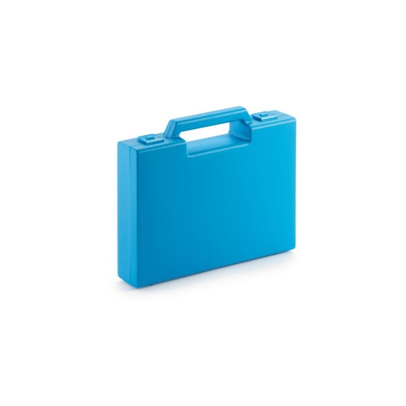 Mallette plastique 95% recyclé bleu à poignée sortante 160x222x39 mm - Lot de 20