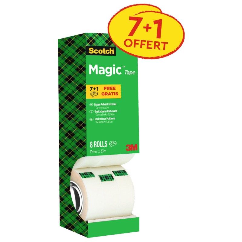 Scotch Magic Tape Ruban adhésif invisible largeur 19 mm x longueur 33 m (Lot de 7 + 1 OFFERT)