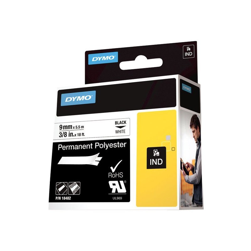 Dymo Rubans titreuse  Rhino - écriture Noir / fond Blanc - 9 mm x  Longeur 3,5 m - Polyester - Modèle 18482