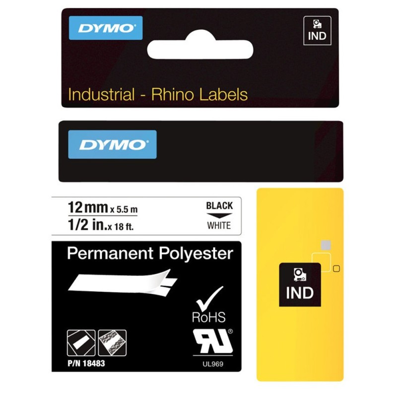 Dymo Rubans titreuse  Rhino - écriture Noir / fond Blanc - 12 mm x  L. 5,5 m - Polyester - Modèle 18483