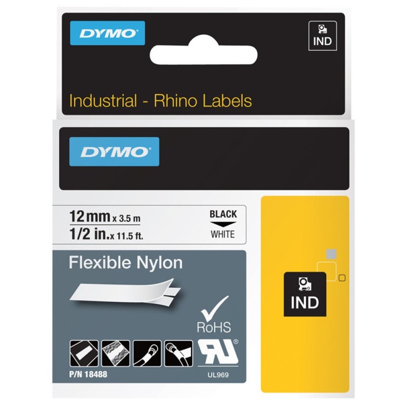 Dymo Rubans titreuse  Rhino - écriture Noir / fond Blanc - 12 mm x  Longeur 3,5 m - Nylon - Modèle 18488