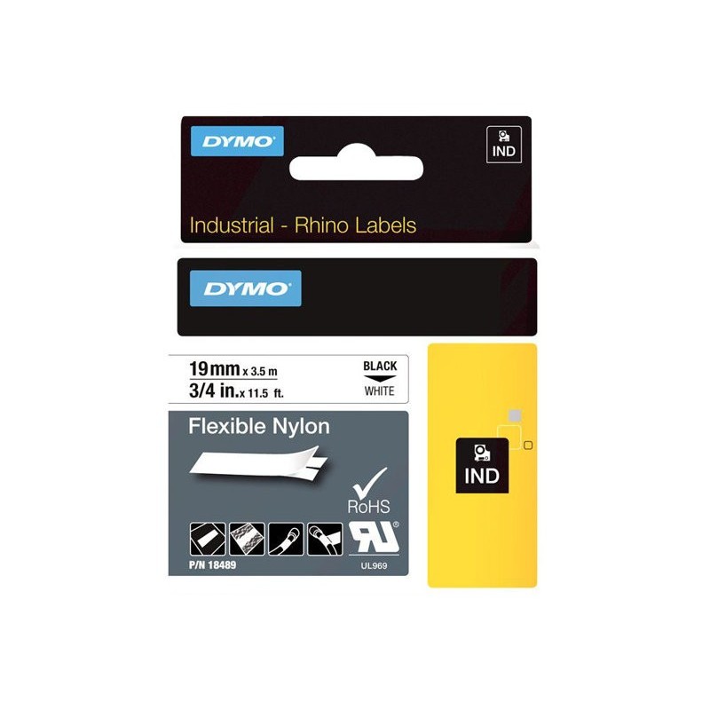 Dymo Rubans titreuse  Rhino - écriture Noir / fond Blanc - 19 mm x  Longeur 3,5 m - Nylon - Modèle 18489