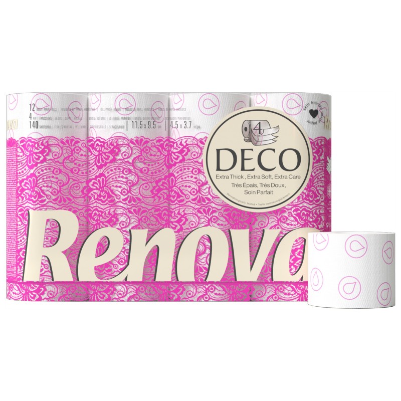 Renova Papier toilette Déco 4 épaisseurs 140 feuilles - Blanc - Carton de 12 rouleaux