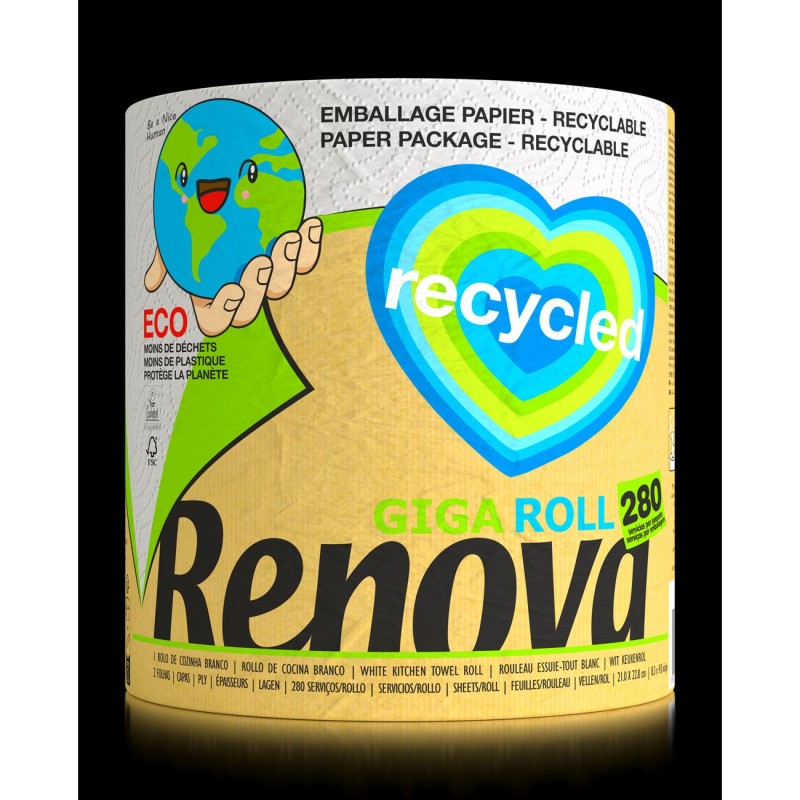 Renova Papier d'essuyage multi-usage Gigaroll double épaisseur recyclé 280 feuilles - Blanc