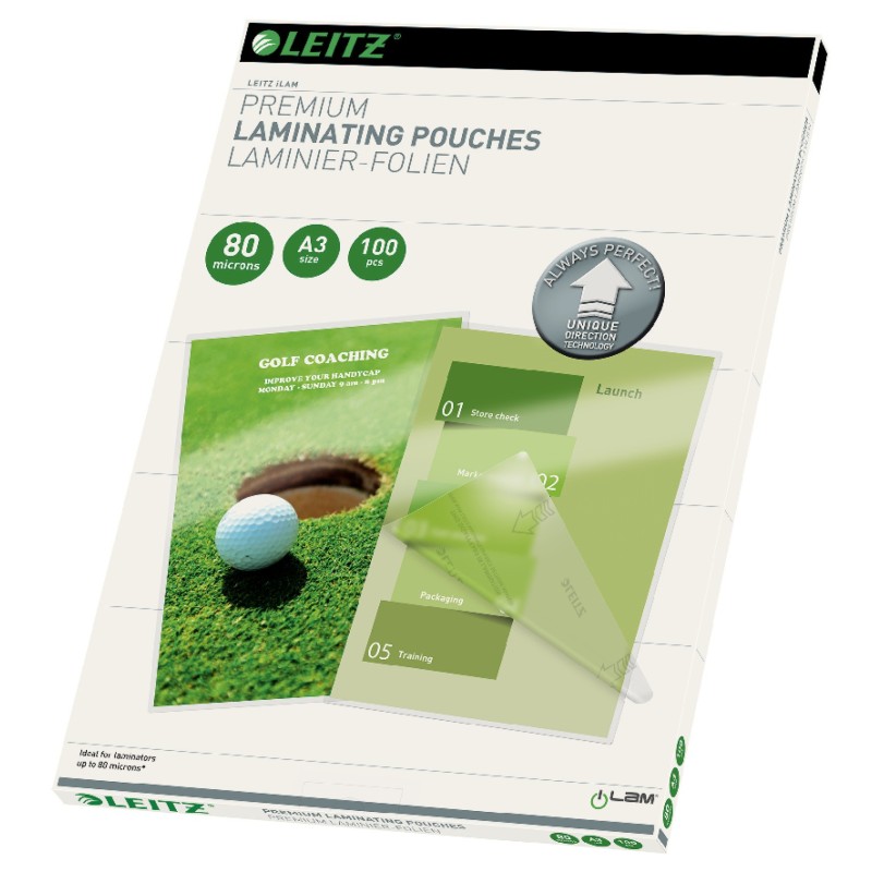 Leitz Pochettes de plastification A3 - UDT - Transparente - Epaisseur : 80 microns par face - Boîte de 100