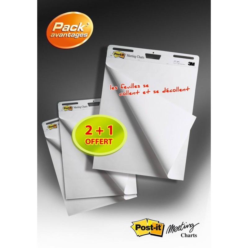 Post-it Bloc pour chevalet de conférence Super Sticky, 559, 635 x 775 mm, 30 feuilles, blanc - Lot de 2+1