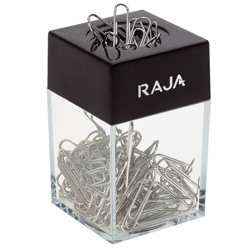 RAJA Distributeur de trombones transparent avec couvercle aimanté noir et 100 trombones