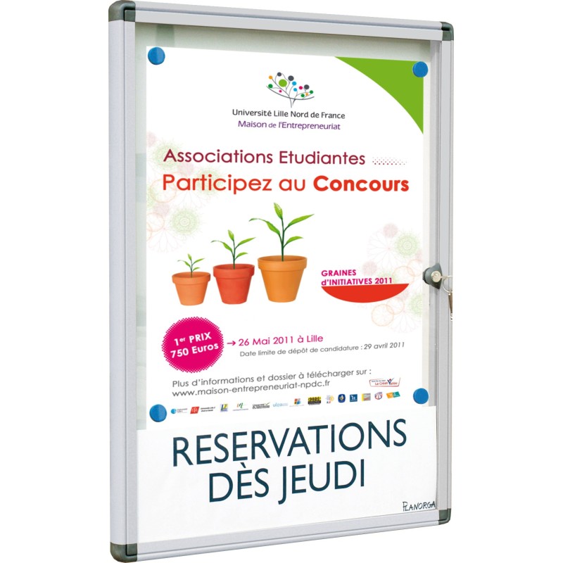 Planorga Mini vitrine d'extérieur cadre aluminium, NF haute qualité et sécurité - Fond métal laqué magnétique, 2 feuilles A4