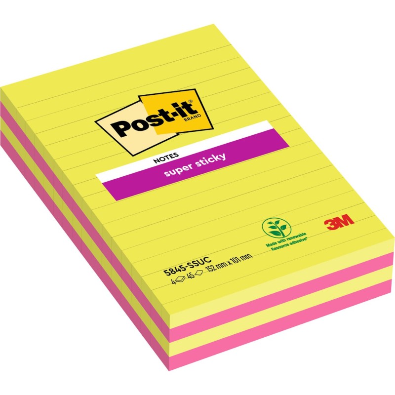 Post-it Notes Repositionnables Super Sticky Lignées Rectangle 125 x 200mm Arc-en-ciel - lot de 4 blocs de 45 Feuilles