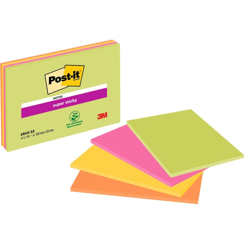 Post-it Super Sticky Notes Repositionnables Grand Rectangle 152 x 203 mm -  Bloc 45 feuilles Vert, Bleu, Orange