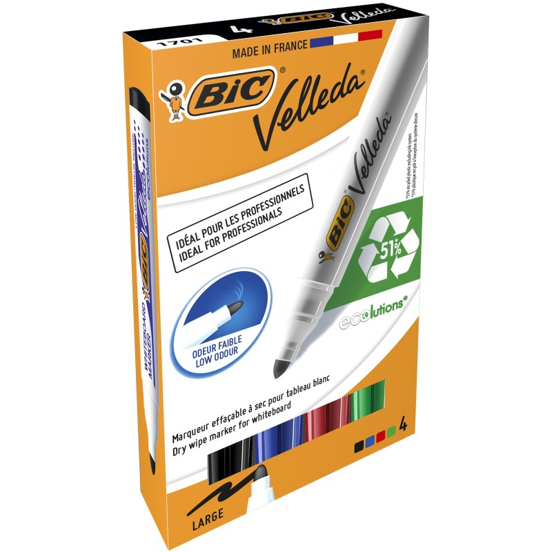 BIC® Velleda 1701 Marqueur pour tableau blanc assortis pointe ogive moyenne - lot de 4