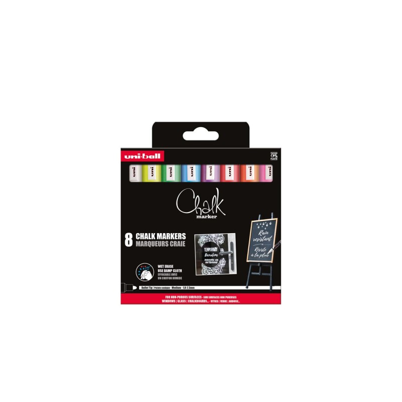Uni Marqueur craie Chalk Marker PWE-5M encre non permanente pointe ogive de 1,8 à 2,5 mm - Couleurs assorties