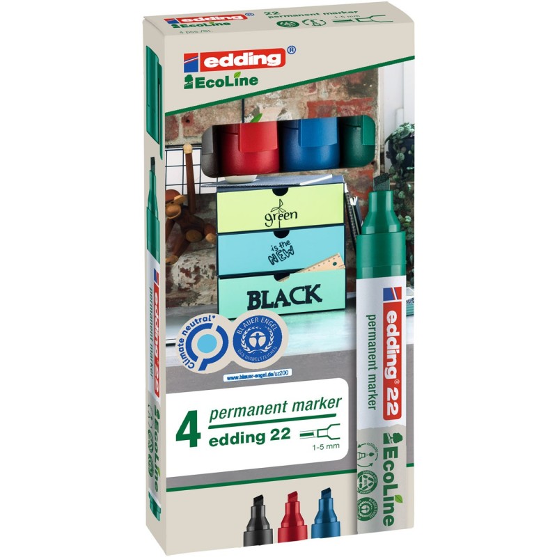 edding 22 EcoLine Marqueur permanent - 90% de plastique recyclé - pointe biseautée 5 mm - Pochette 4 couleurs assorties